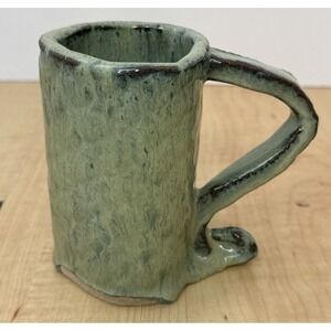 Studio Pottery Mug Green Glaze Textured Faceted Handle Signed AP 2009 5"